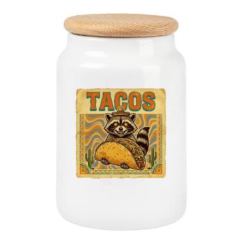Tacos Raccoon Sombrero Mexican Street Food - Cookie Jar with Wooden Lid - white - Front