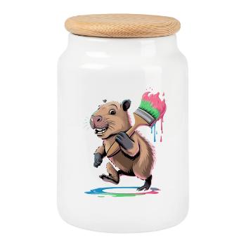 Funny Capybara with Colorful Brush Paint Blobs - Cookie Jar with Wooden Lid - white - Front