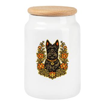 Floral Frame Scottish Terrier - Cookie Jar with Wooden Lid - white - Front