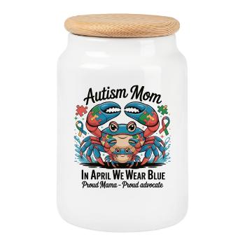 Autism Mom T-Shirt – In April We Wear Blue - Cookie Jar with Wooden Lid - white - Front