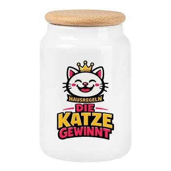 Règles de la maison : Le chat gagne, drôle de dicton - Boîte à biscuits avec couvercle en bois - blanc - Devant