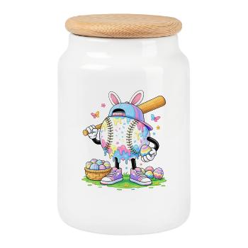 Dessin animé pastel de baseball de Pâques - Boîte à biscuits avec couvercle en bois - blanc - Devant
