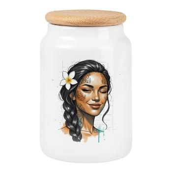 Tattooed Portrait Plumeria - Cookie Jar with Wooden Lid - white - Front