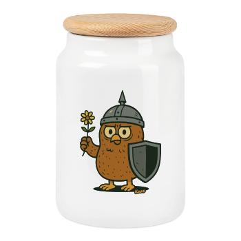 Knight Owl with Flower - Cookie Jar with Wooden Lid - white - Front