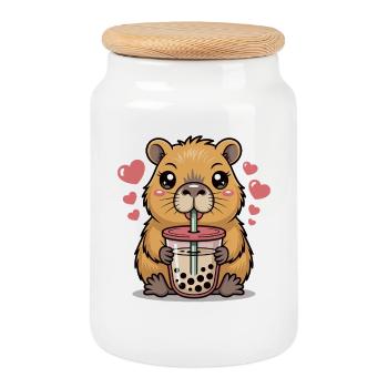 Capybara Bubble Tea Shirt Kawaii - Keksdose mit Holzdeckel - Weiß - Vorne