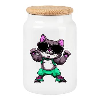 Fitness Katze - Keksdose mit Holzdeckel - Weiß - Vorne