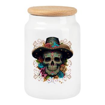 Crâne en sucre vibrant dans un sombrero floral - Boîte à biscuits avec couvercle en bois - blanc - Devant