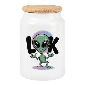 Alien T-Shirt Comic Weltraum Look - Keksdose mit Holzdeckel - Weiß - Vorne