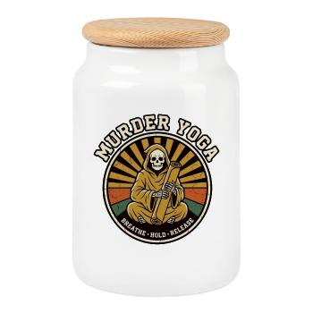 Retro Meditation Skelett Grafik - Keksdose mit Holzdeckel - Weiß - Vorne