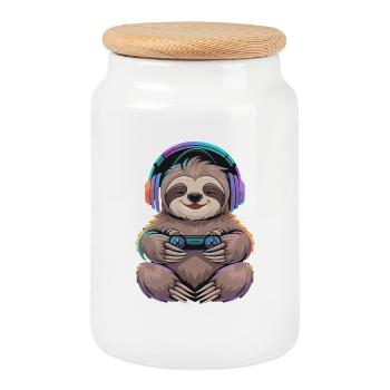 Joueur paresseux avec manette et coloré - Boîte à biscuits avec couvercle en bois - blanc - Devant