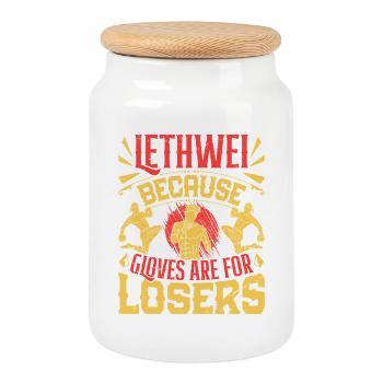  Lethwei Gloves are for Losers Burmese Boxing - Cookie Jar with Wooden Lid - white - Front