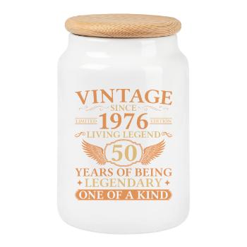 Vintage 1976 – Living Legend 50th Birthday - Cookie Jar with Wooden Lid - white - Front