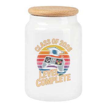 Level Complete 2026 Abschluss Retro Gaming - Keksdose mit Holzdeckel - Weiß - Vorne
