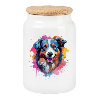 Colorful Splash Art Australian Shepherd Dog - Cookie Jar with Wooden Lid - white - Front