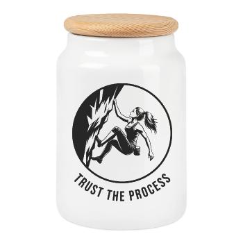 Strong girl bouldering on the rock in the process - Cookie Jar with Wooden Lid - white - Front