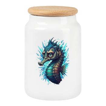 Crystal Seahorse in the Lightning Sea - Cookie Jar with Wooden Lid - white - Front