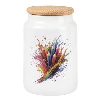 Buntstifte – Kreatives Zeichnen Bunker Spritzer - Keksdose mit Holzdeckel - Weiß - Vorne