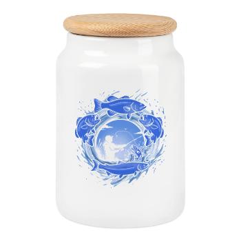Fishing – dynamic fish and angler graphics - Cookie Jar with Wooden Lid - white - Front