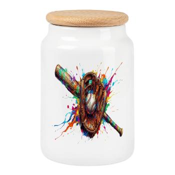 Gant Balle et Batte de Baseball Multicolore   - Boîte à biscuits avec couvercle en bois - blanc - Devant
