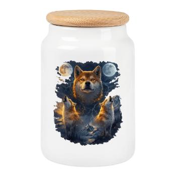 Shiba Inu Two Moons - Cookie Jar with Wooden Lid - white - Front