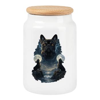 Frenchie French Bulldog Two Moons - Cookie Jar with Wooden Lid - white - Front