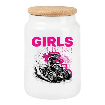 Quad ATV Woman Girl Four Wheeler - Cookie Jar with Wooden Lid - white - Front