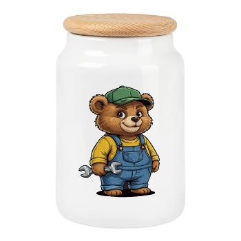 Mechanic Bär Schrauber Werkstatt - Cookie Jar with Wooden Lid - white - Front