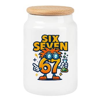 Six Seven 67 Science Humor Nerd Gift Idea - Cookie Jar with Wooden Lid - white - Front