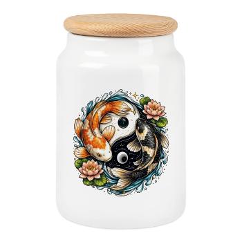 Koi Yin Yang floral and lotus - Cookie Jar with Wooden Lid - white - Front