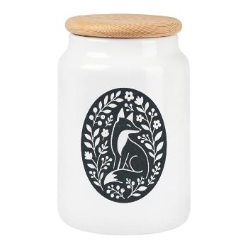Fox | Forest Animals Flowers Folk Art - Cookie Jar with Wooden Lid - white - Front