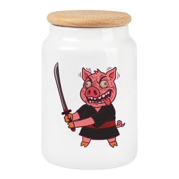 Verrücktes Samurai Schwein mit Schwert - Keksdose mit Holzdeckel - Weiß - Vorne