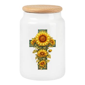 Christian Sunflower Faith Prays Jesus - Cookie Jar with Wooden Lid - white - Front