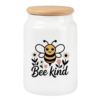 Abeille mignonne avec des fleurs – Motif printanier Bee Kind - Boîte à biscuits avec couvercle en bois - blanc - Devant