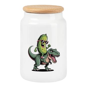 Un concombre aigre chevauche un dinosaure - Boîte à biscuits avec couvercle en bois - blanc - Devant