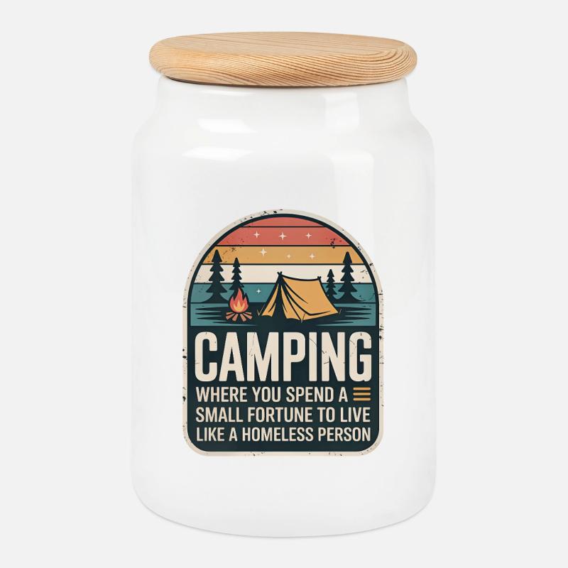 Camping Retro Design - Keksdose mit Holzdeckel - Weiß