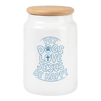 Les chiens de compagnie aiment Jésus Sois heureux - Boîte à biscuits avec couvercle en bois - blanc - Devant