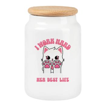 I Work Hard so My cat can Have a Better Life - Cookie Jar with Wooden Lid - white - Front