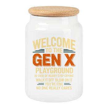Willkommen auf dem Spielplatz der Generation X - Keksdose mit Holzdeckel - Weiß - Vorne