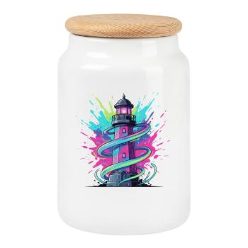 Neon Swirl Lighthouse - Cookie Jar with Wooden Lid - white - Front