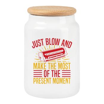Funny Harmonica Player Just Blow & Present Moment - Cookie Jar with Wooden Lid - white - Front
