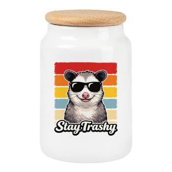 Stay Trashy Opossum Retro Funny Animal Shirt - Cookie Jar with Wooden Lid - white - Front