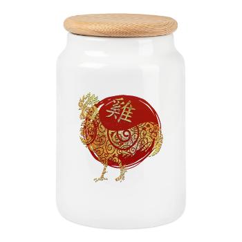Hahn Chinesisches Tierkreiszeichen Horoskop - Keksdose mit Holzdeckel - Weiß - Vorne