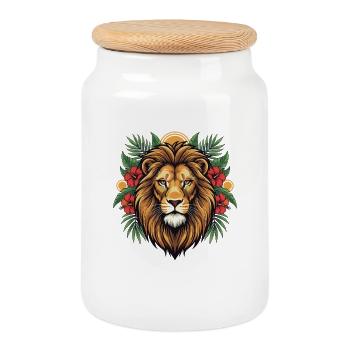 Lion's head in a tropical frenzy - Cookie Jar with Wooden Lid - white - Front