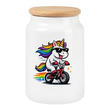 Licorne cool sur vélo – Arc-en-ciel drôle - Boîte à biscuits avec couvercle en bois - blanc - Devant