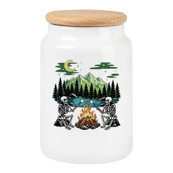 Skeleton Campfire Night Marshmallow Camping Camp - Cookie Jar with Wooden Lid - white - Front