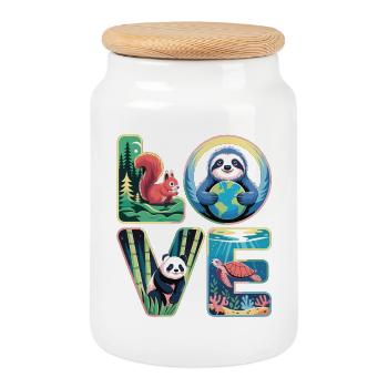 LOVE Nature Animals Panda Sloth Turtle - Cookie Jar with Wooden Lid - white - Front