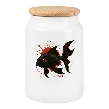 Éclaboussures de carpes koi : Poisson noir - Boîte à biscuits avec couvercle en bois - blanc - Devant