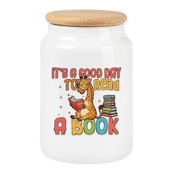 C’est un bon jour pour lire un livre Amoureux des romans girafes - Boîte à biscuits avec couvercle en bois - blanc - Devant