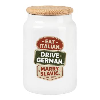 Mange un conduit italien, épouse un Slave Balkan, une voiture - Boîte à biscuits avec couvercle en bois - blanc - Devant