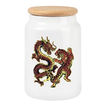 Dragon and Tiger Chinese - Cookie Jar with Wooden Lid - white - Front